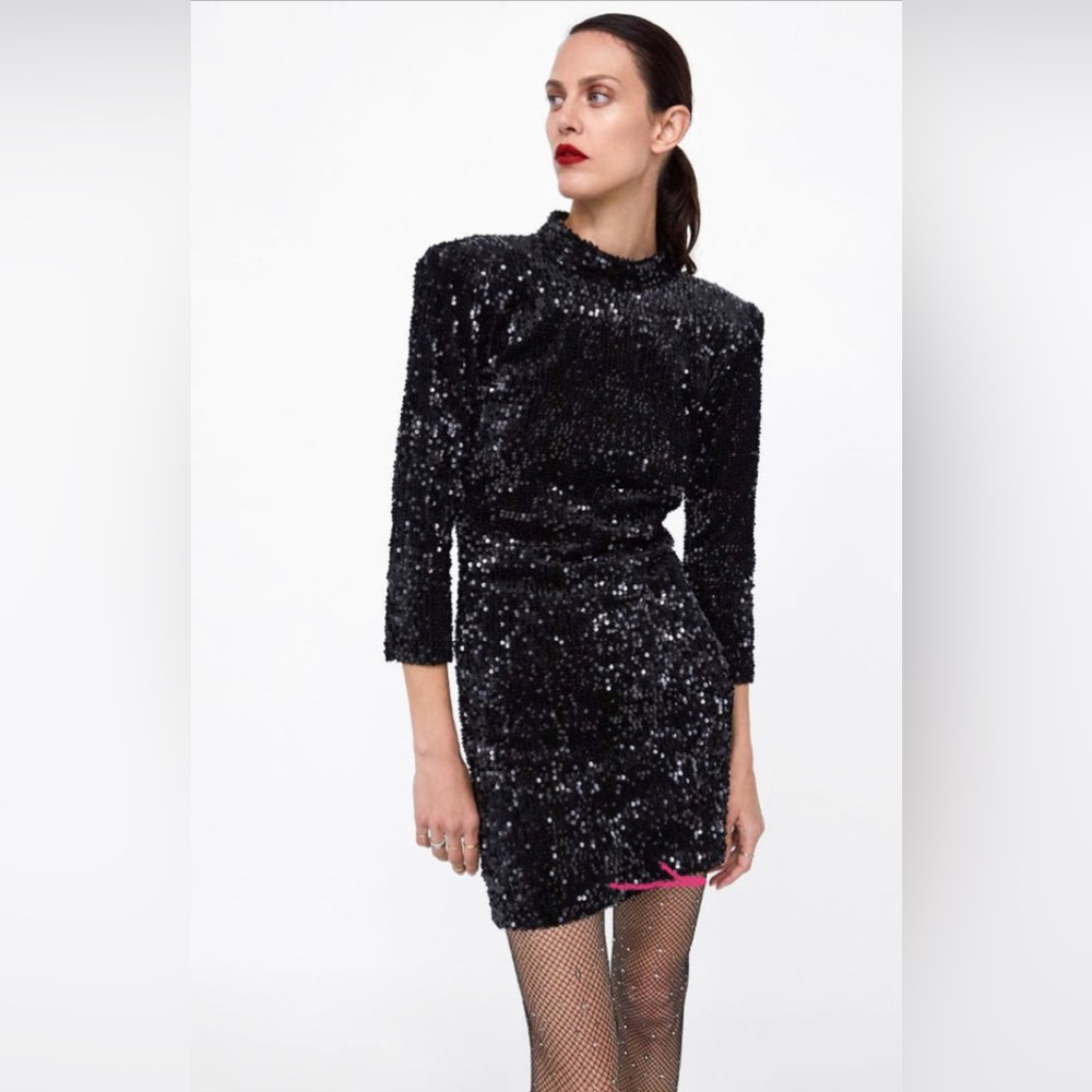 Zara Black Sequin Long Sleeve Mini Dress